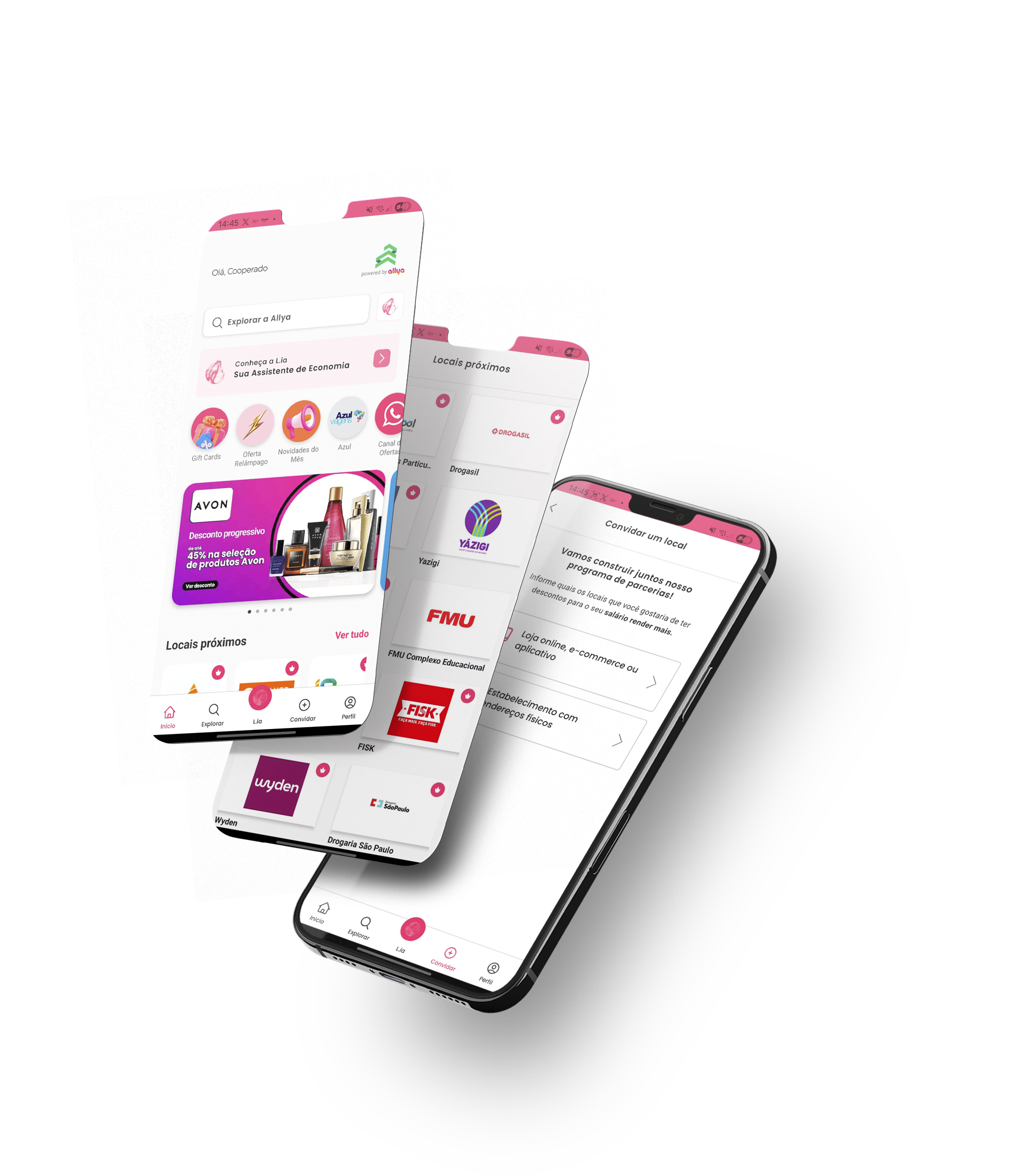Telas do aplicativo Allyia em dispositivos móveis